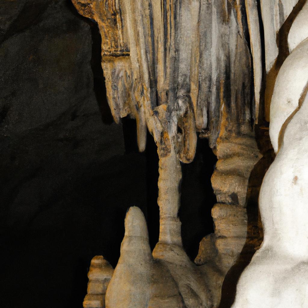 The formations of stalactites and stalagmites in the mountain river cave create a stunning display of natural beauty