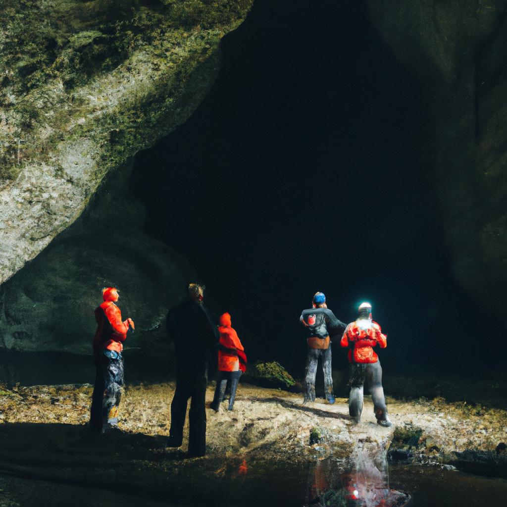 Tourists explore the depths of the mountain river cave with the help of an experienced guide