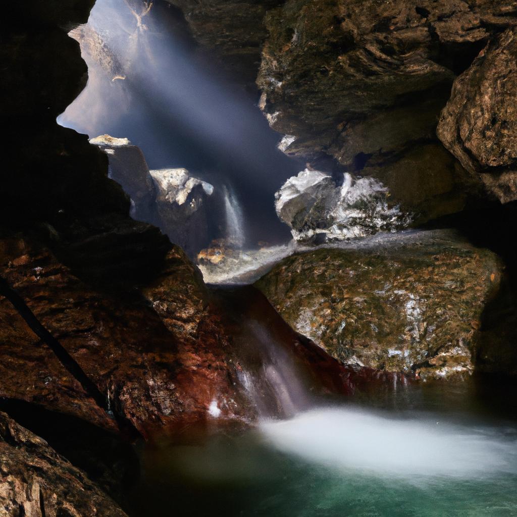 The underground waterfalls in the mountain river cave create a breathtaking sight for visitors to enjoy