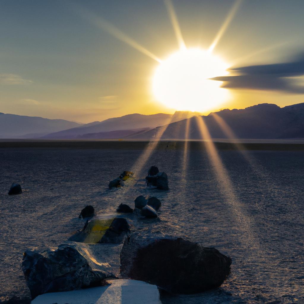 The moving rocks in Death Valley create a breathtaking scene as the sun sets over the desert landscape.