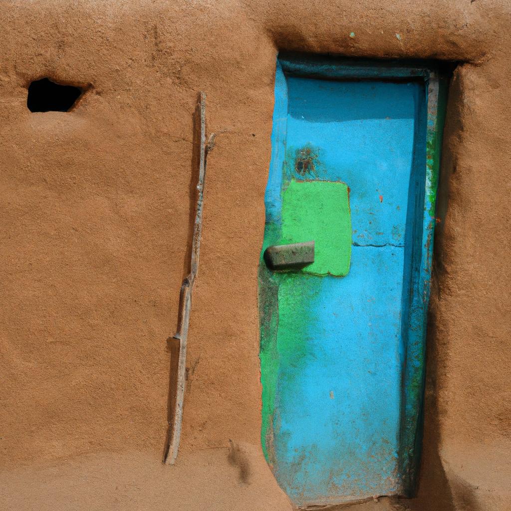 A brightly colored mud house with a colorful door and window frames