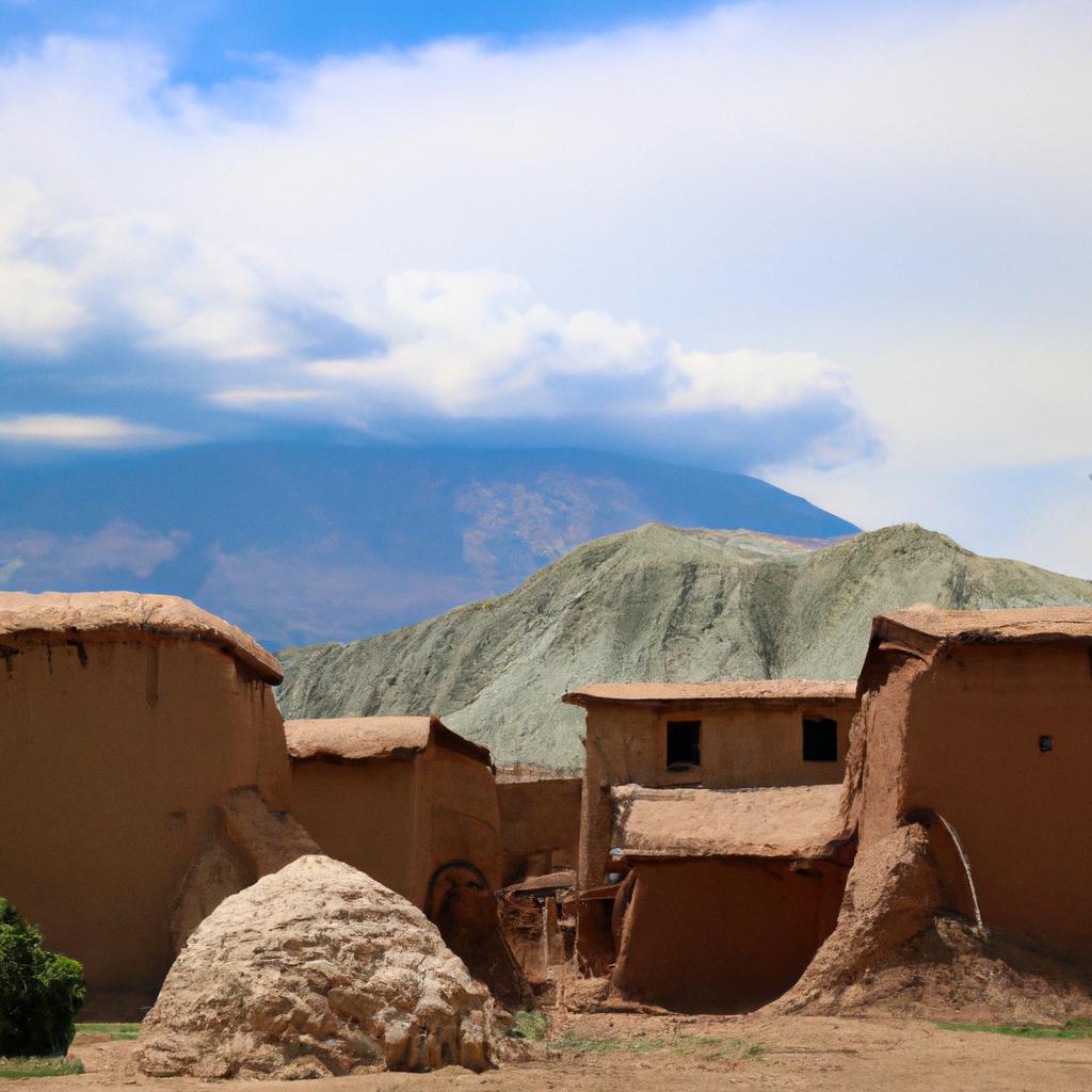 A cluster of mud houses nestled at the base of a scenic mountain