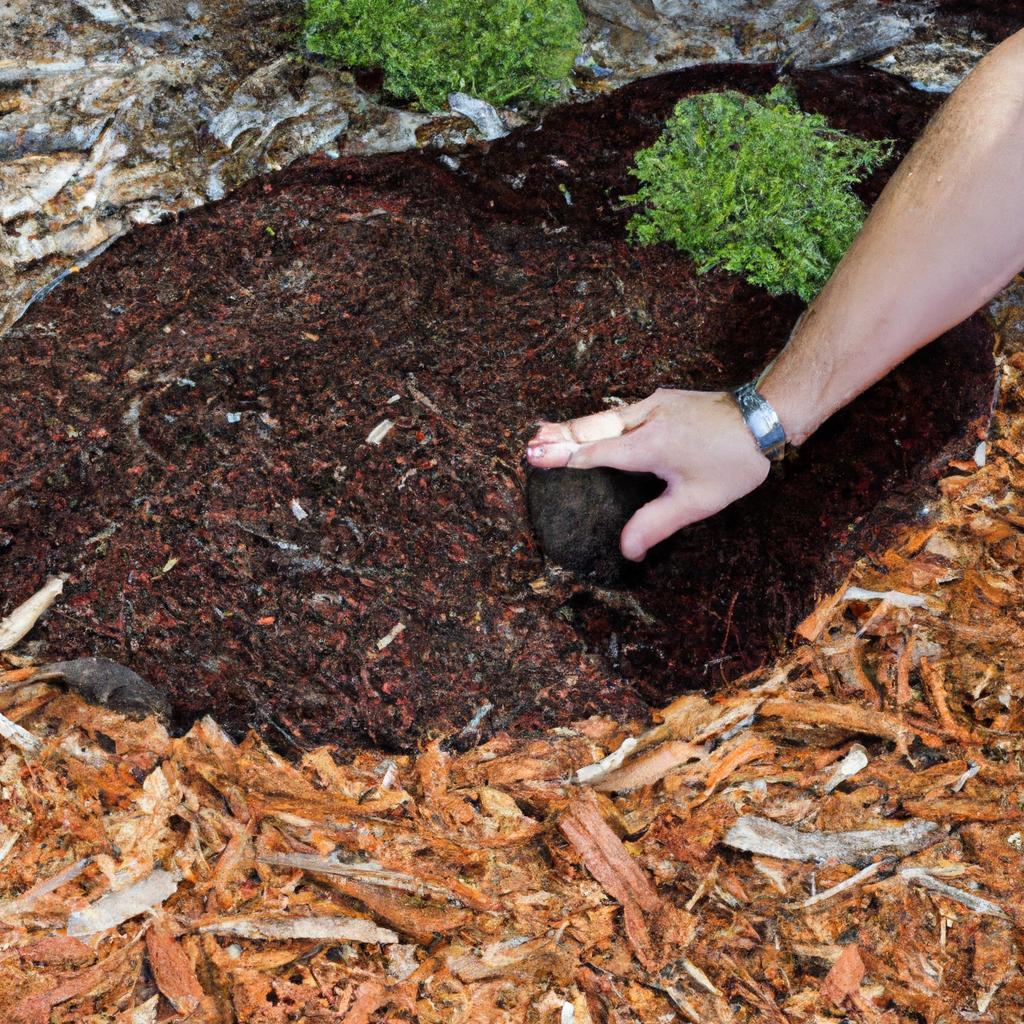 Applying mulch to a drought-tolerant garden bed to retain moisture