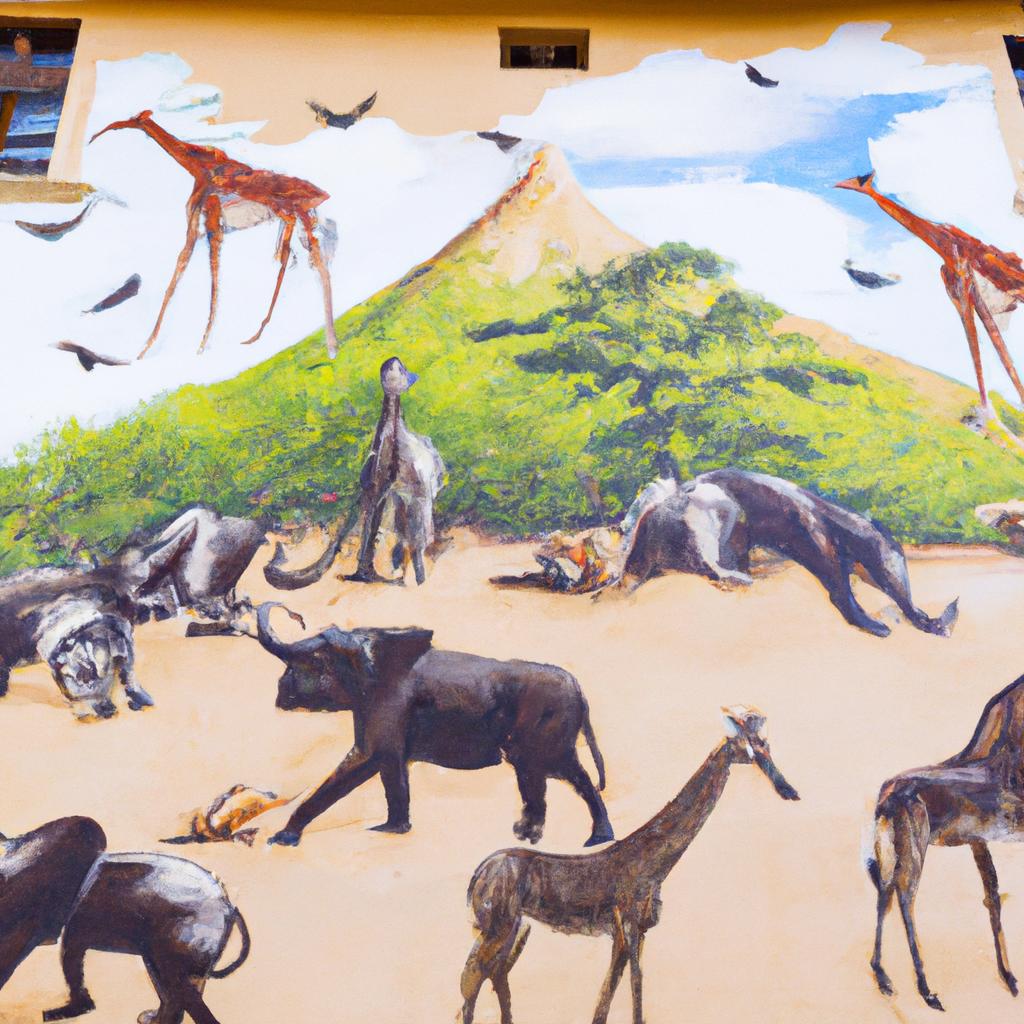 Mural of African wildlife painted on the exterior wall of a house in Africa.