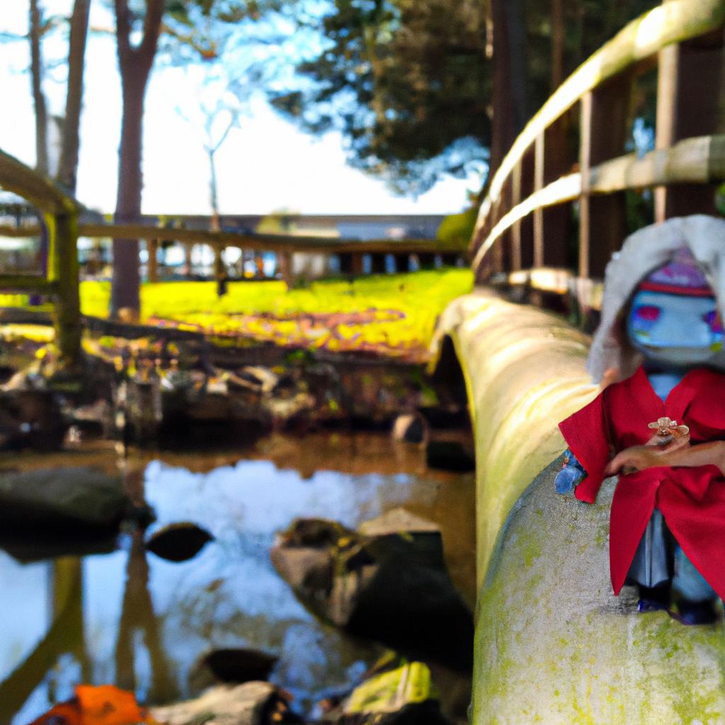 A Nagoro Japan doll taking a peaceful stroll on a beautiful bridge
