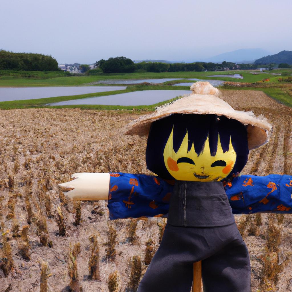 A Nagoro Japan doll helping out in the fields with a scarecrow