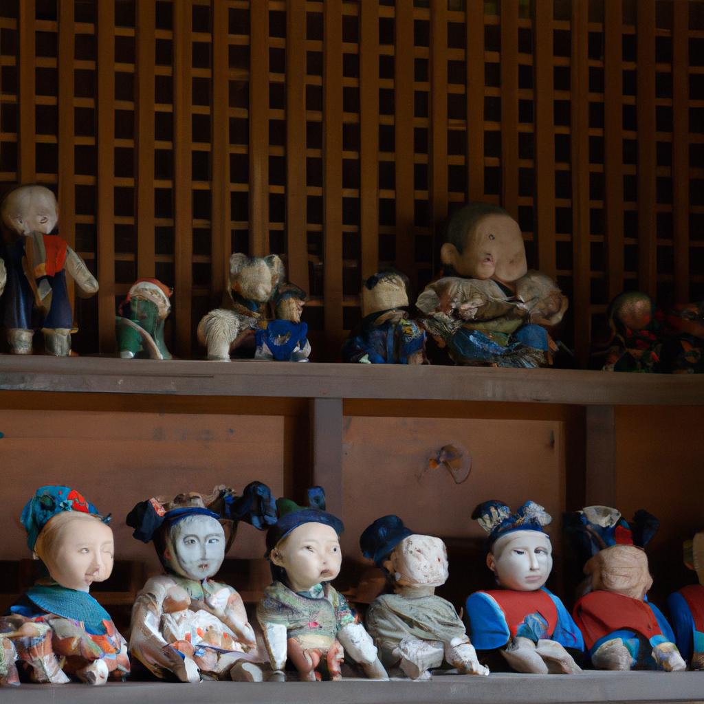 A group of Nagoro Japan dolls gathered in a beautiful Japanese-style home