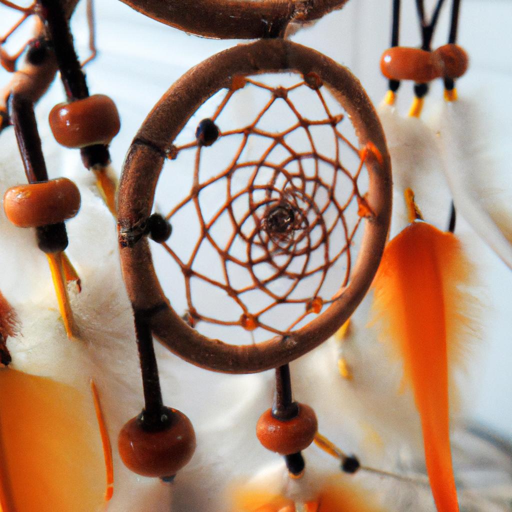 The intricate details and craftsmanship of a Native American dreamcatcher, made by a member of the Grand Canyon Indian Reservation