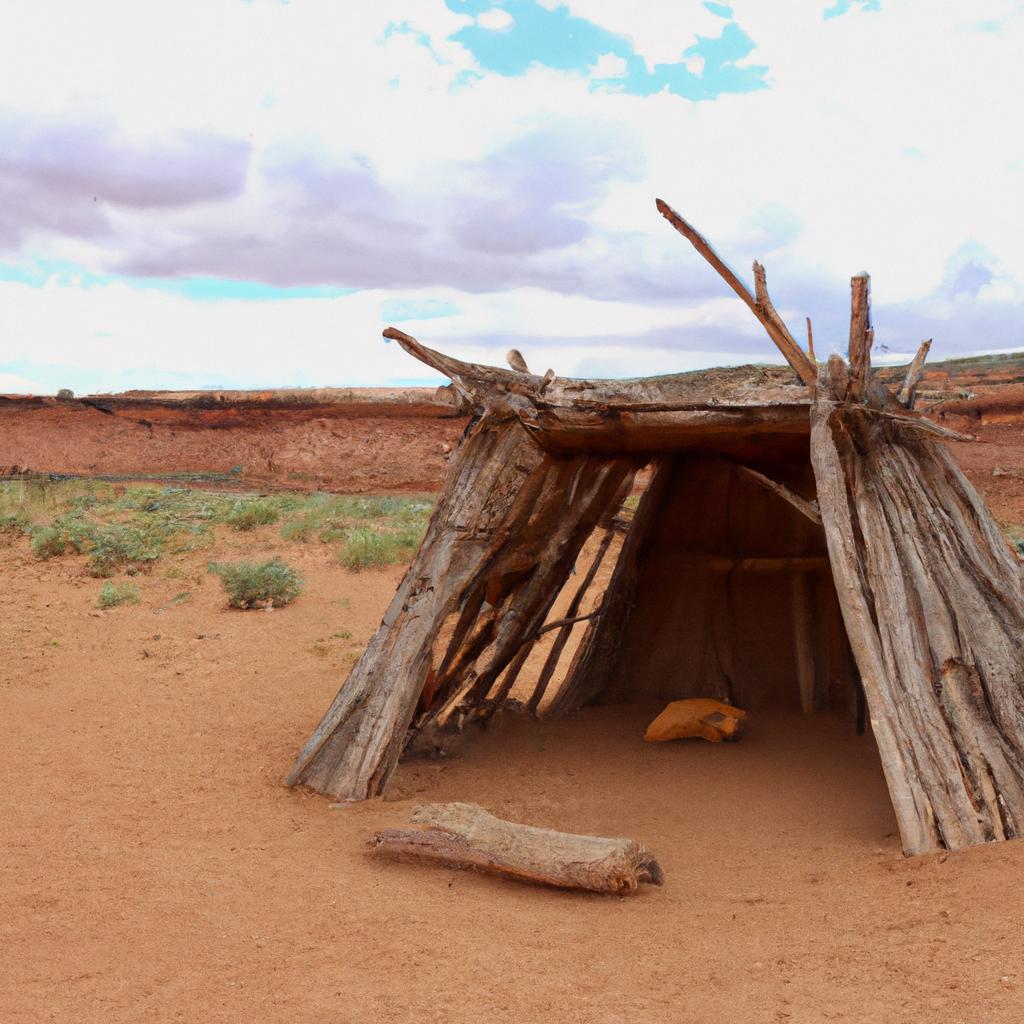 A traditional Navajo hogan, a dome-shaped dwelling, in the arid landscape of the Grand Canyon Indian Reservation