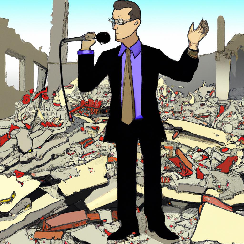 A news reporter stands in front of the remains of a building, reporting that no one died in the disaster.