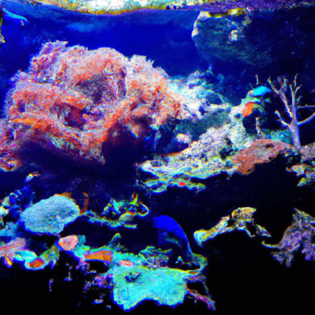 The colors of the coral reef come alive at night, creating a stunning and vibrant display.