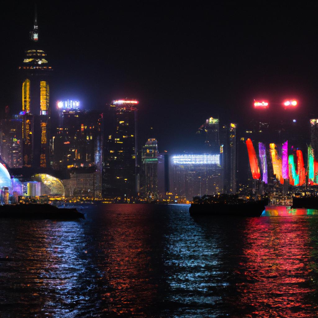 Jumbo Hong Kong looks spectacular at night, with colorful lights illuminating the restaurant.