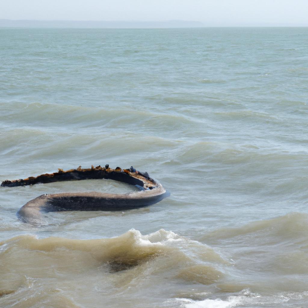 A sea serpent with multiple humps swims along the coast of Normandy.