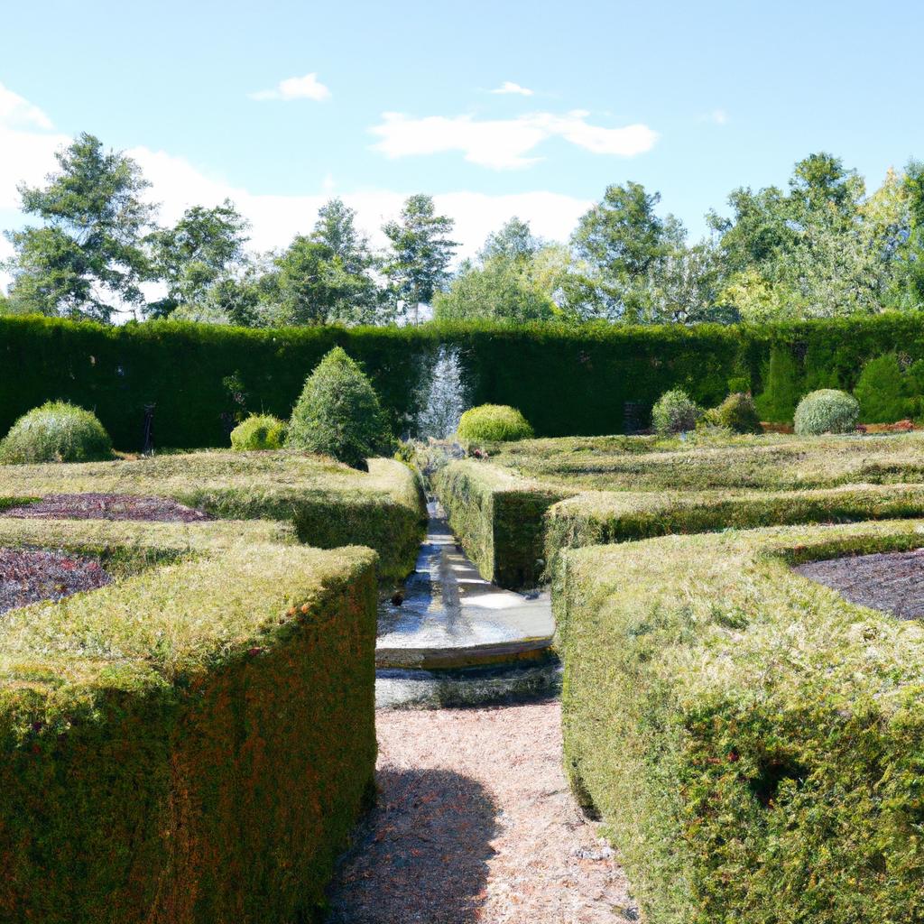 A garden with a towering hedge maze and a serene fountain centerpiece