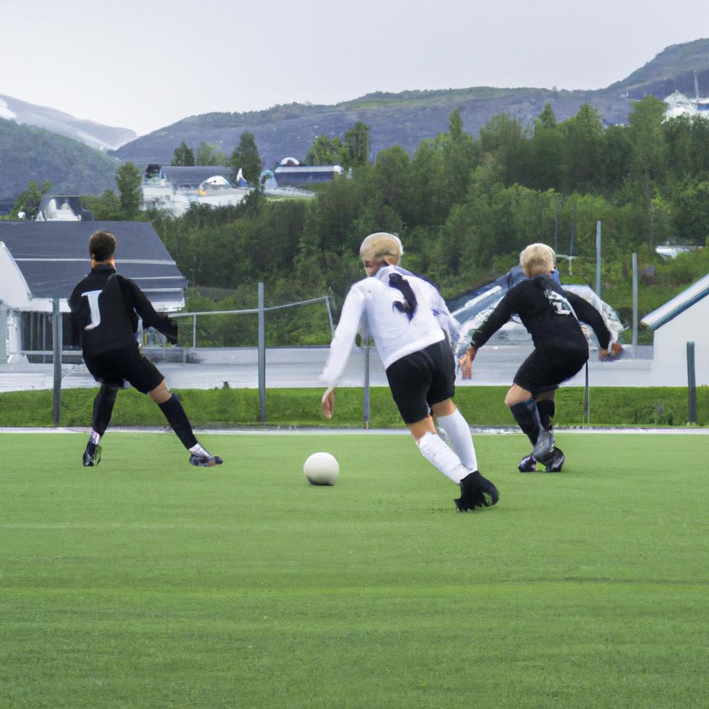 Athletes play a game of soccer on a field surrounded by stunning natural landscapes.