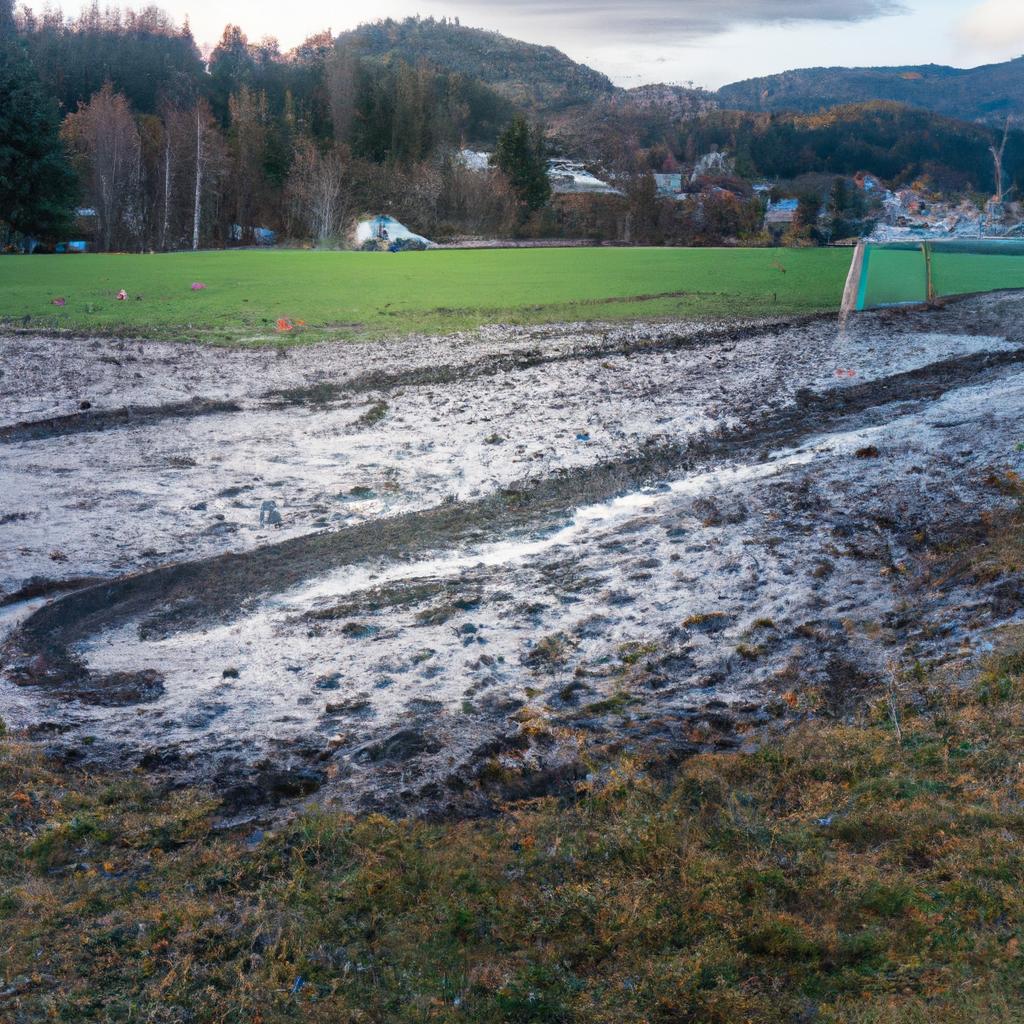 Players struggle with uneven surfaces and poor drainage on this poorly maintained soccer field.