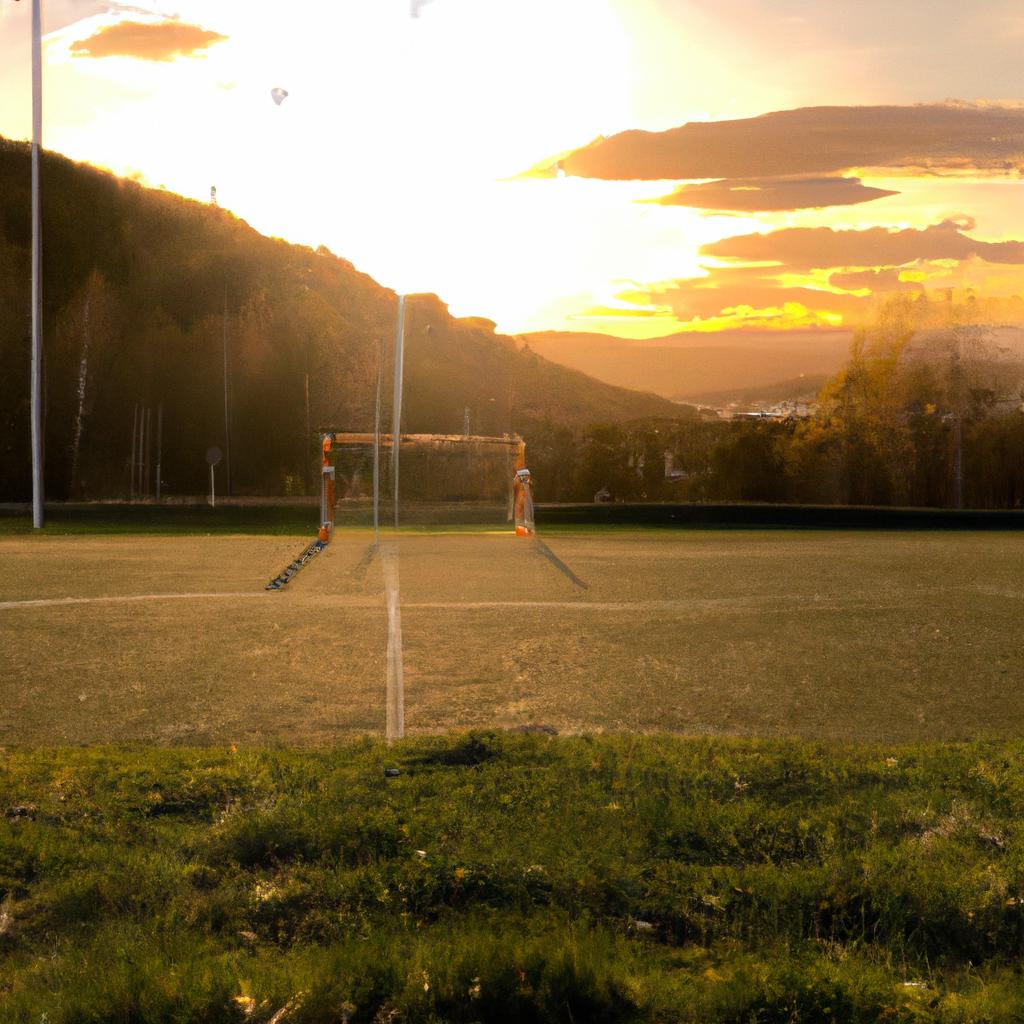 The sunset in Norway provides a beautiful setting for a quiet moment on an empty soccer field.