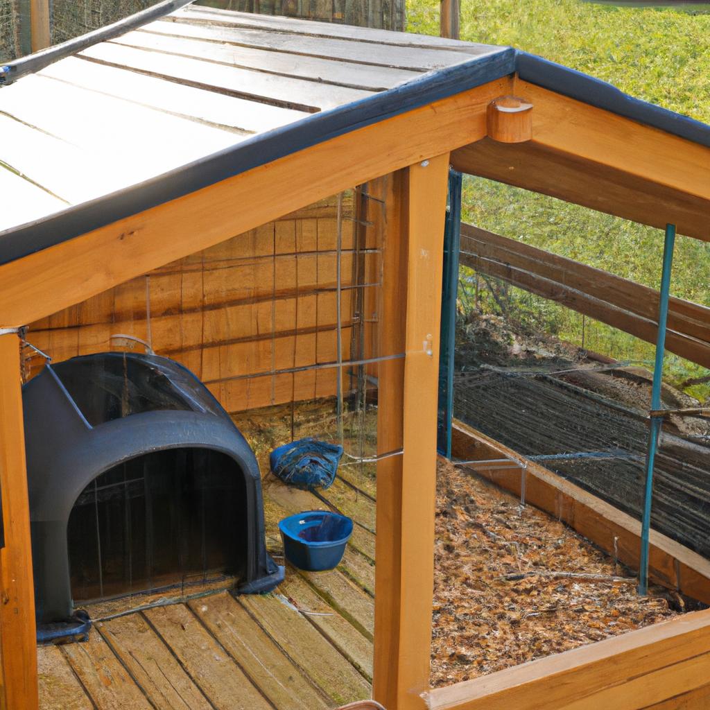 A small pet relaxing on a wooden deck in an outdoor enclosure with a plastic roof.