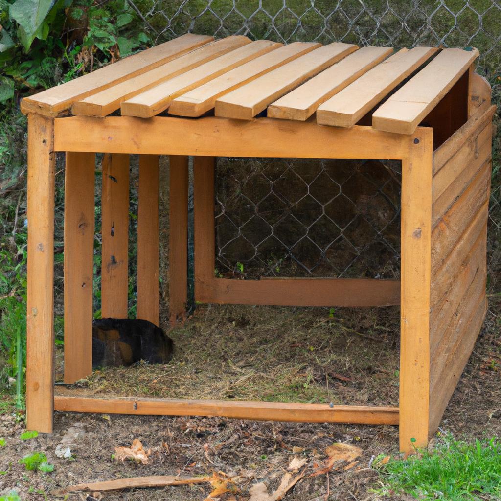 A pet guinea pig exploring an outdoor enclosure with a wooden ramp and a sheltered area.