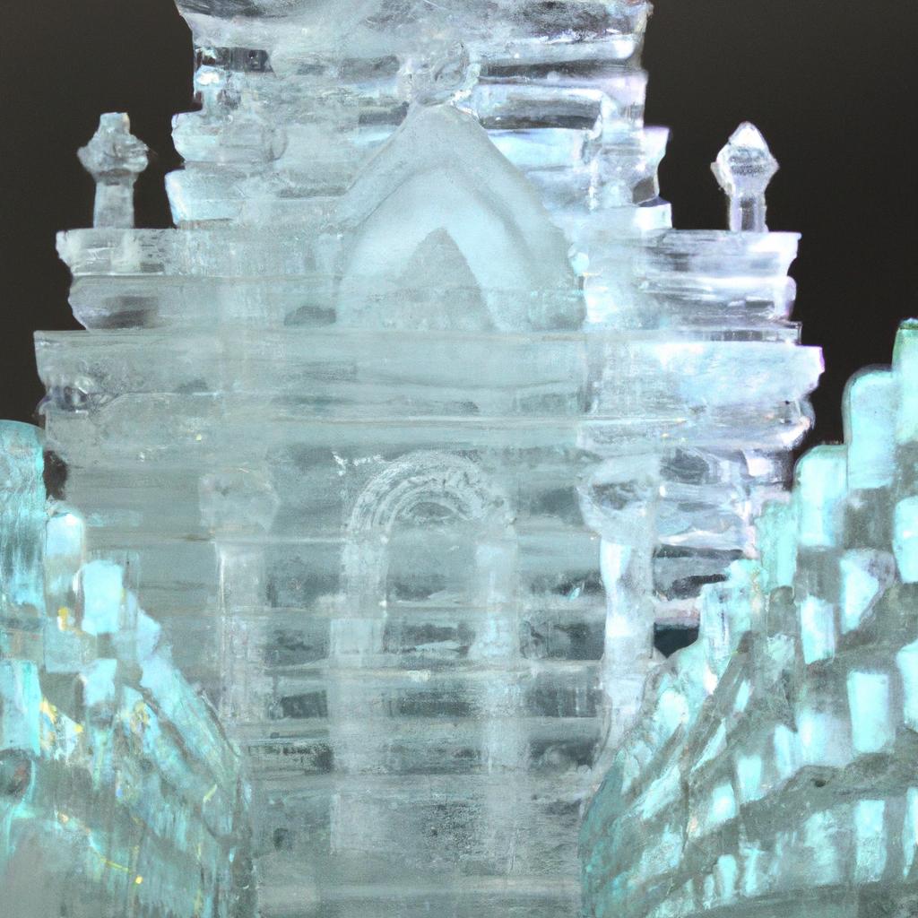 A pagoda ice sculpture at the Harbin International Ice and Snow Sculpture Festival in China