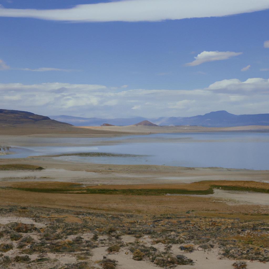 The desert lake is an oasis in the midst of a barren landscape.
