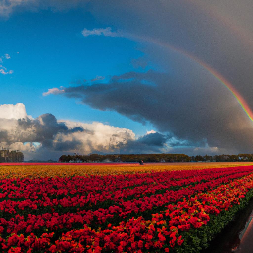 A stunning view of a tulip field after the rain