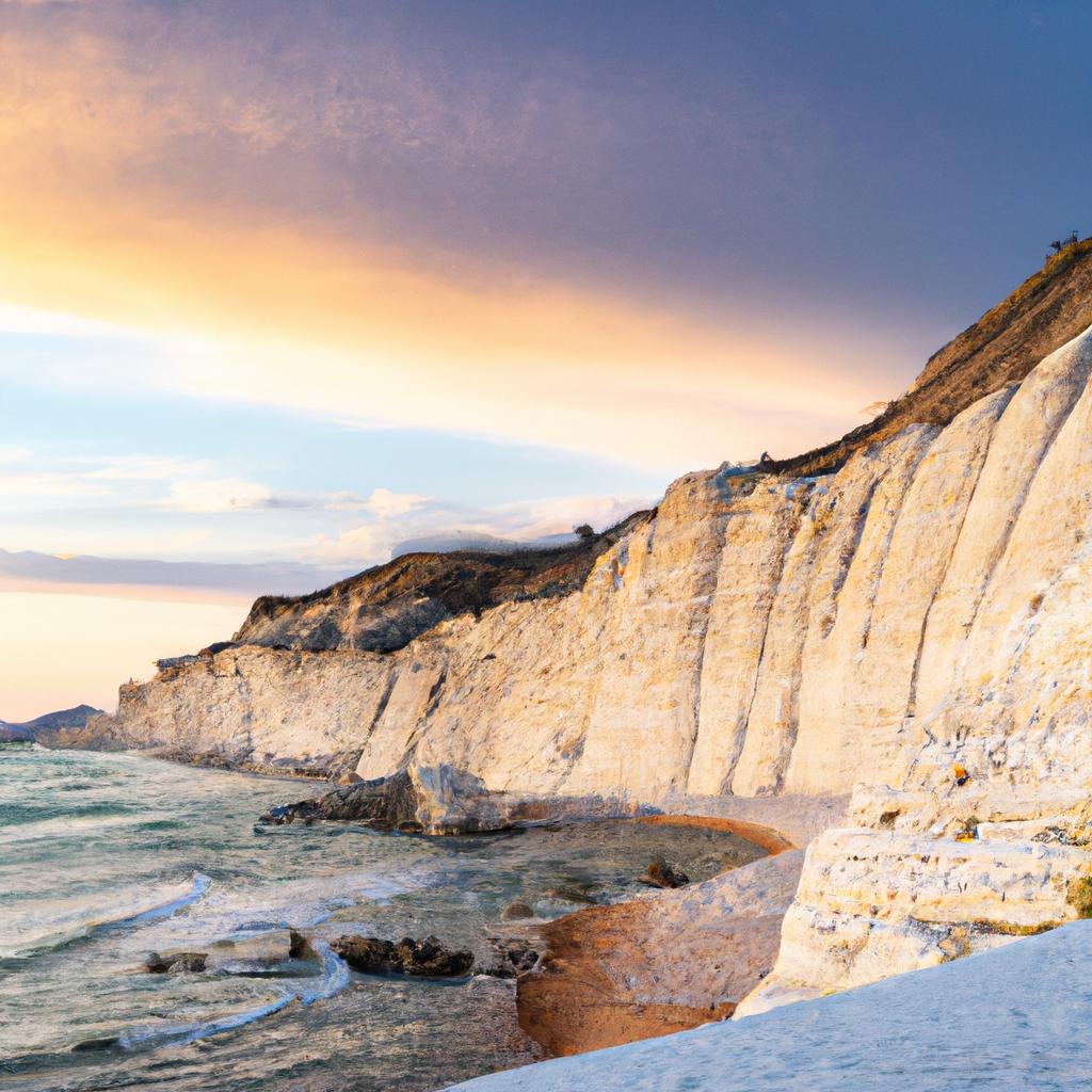 The sun sets over the Sicily White Cliffs, casting a warm glow over the rugged landscape