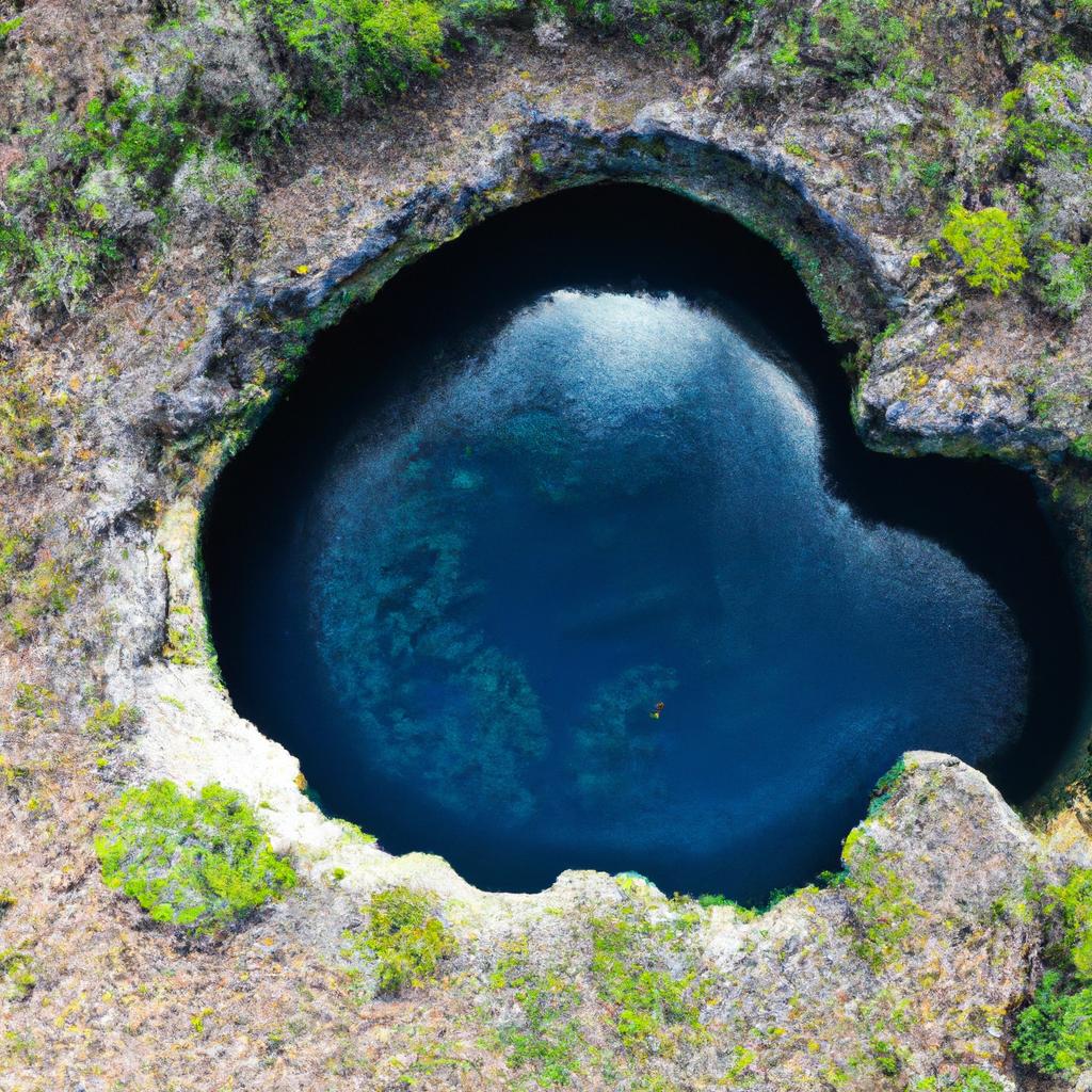 The Caribbean Blue Hole is a breathtaking sight from above, with its deep blue waters and circular shape