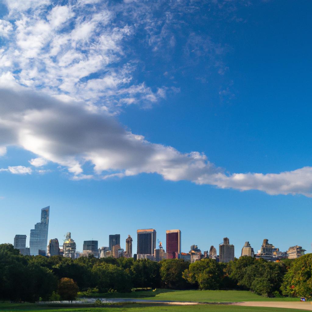 The towering skyscrapers of Manhattan contrasted against the natural beauty of Central Park