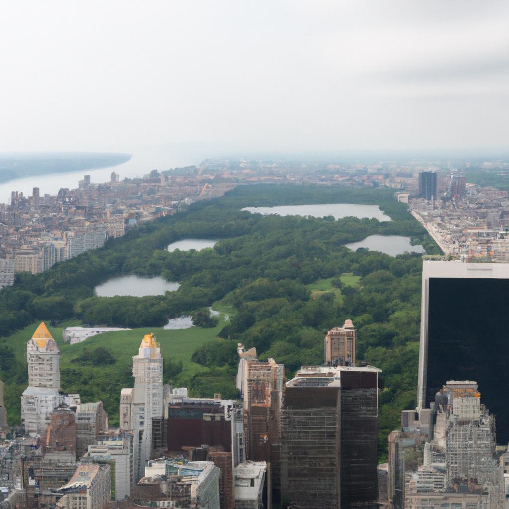 A stunning panoramic view of Central Park's width captured from a skyscraper