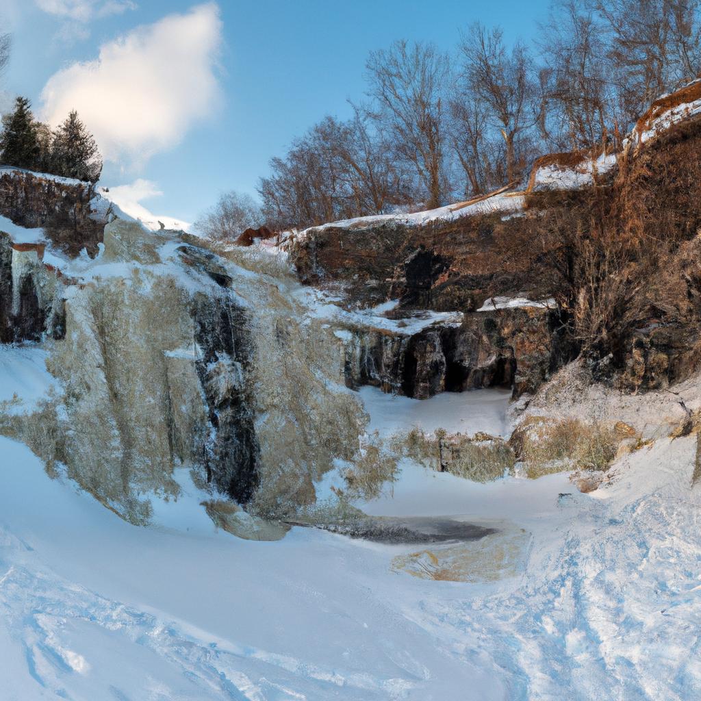 A magnificent panoramic view of a frozen waterfall in Minnesota showcasing the beauty of winter