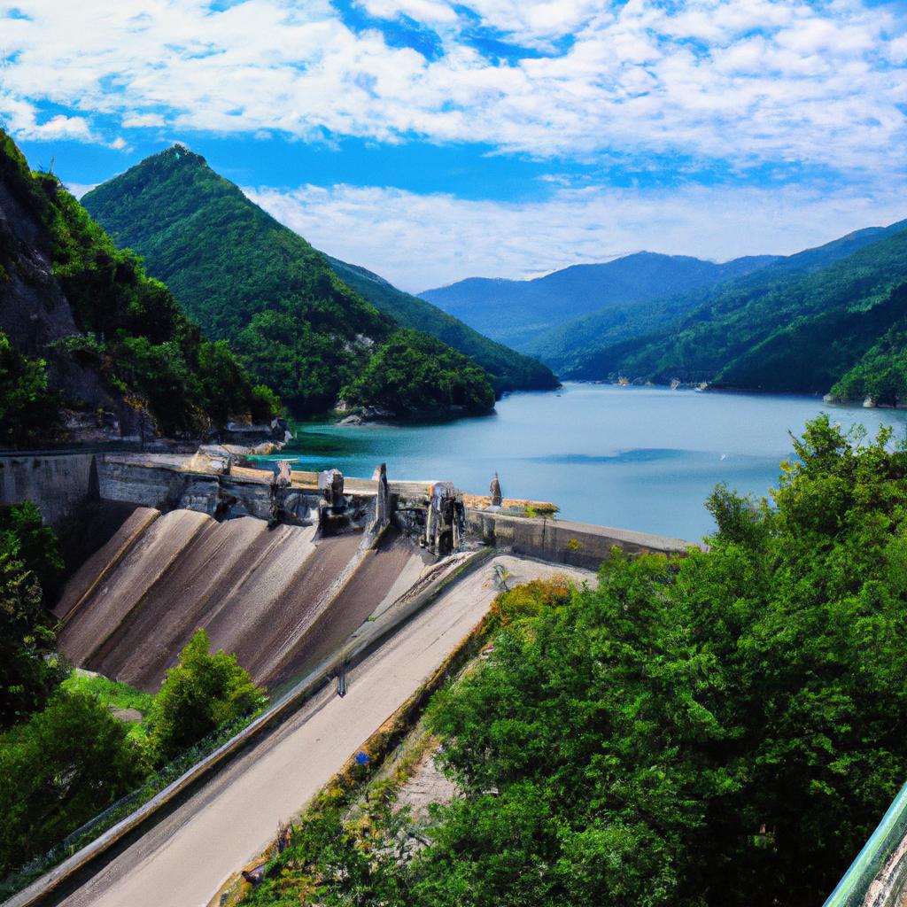 A stunning view of the dam in Italy and its surrounding landscape.