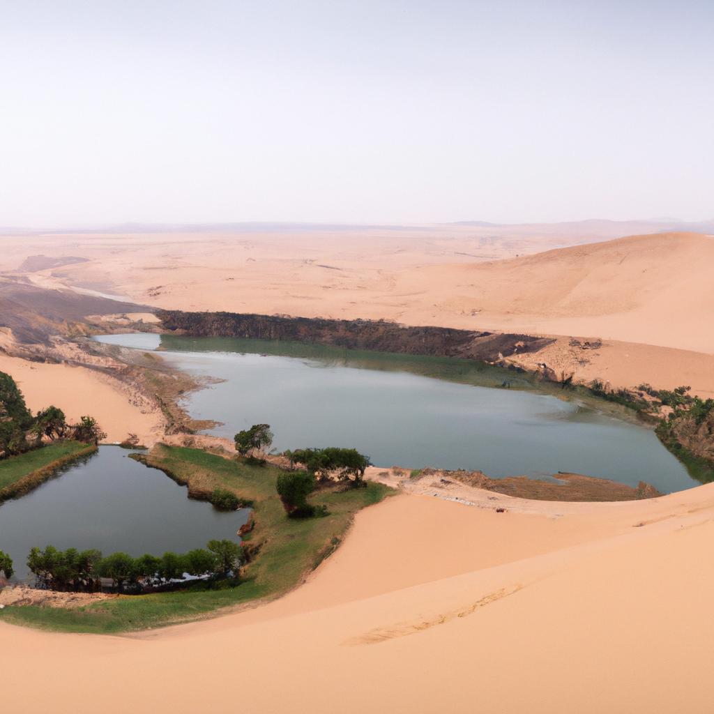 The oasis provides a stark contrast to the golden sand dunes and rocky canyon walls.