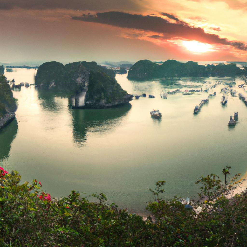 A panoramic view of the beautiful Ha Long Bay at sunset