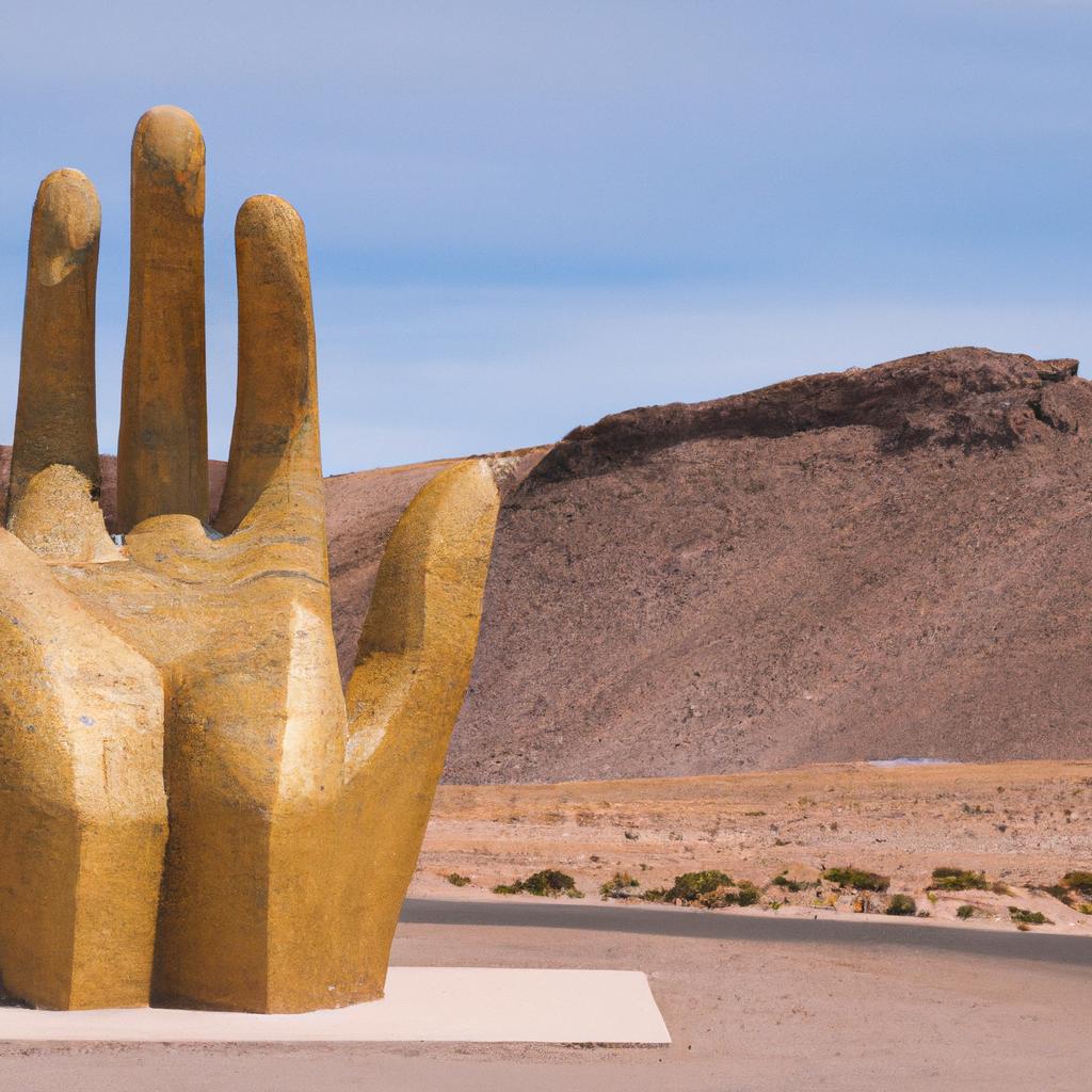 The Hand of the Desert sculpture is a prominent landmark in the middle of the valley