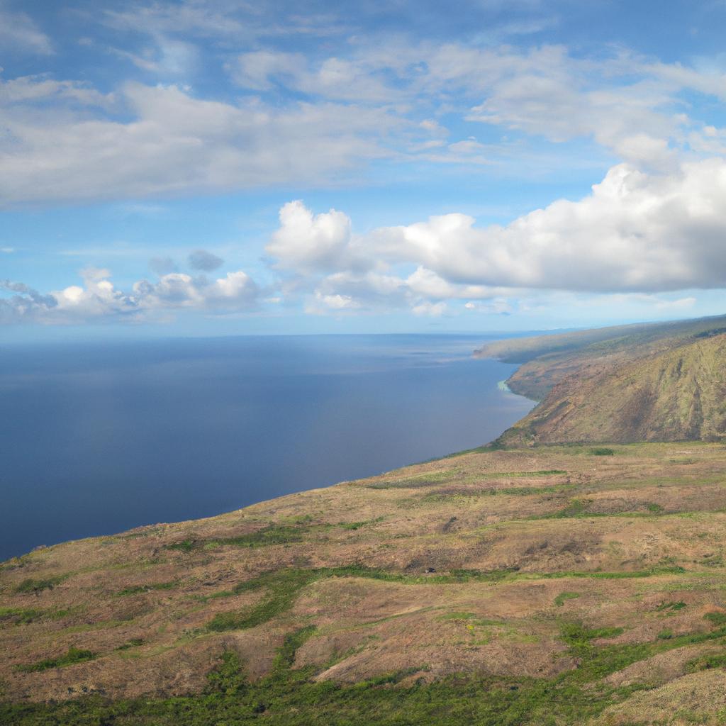 Panoramic view of the rugged terrain of Niihau Island, offering stunning views of the Pacific Ocean and neighboring islands
