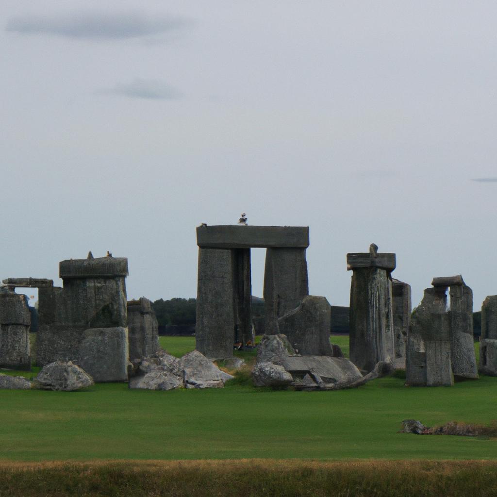 A panoramic view of Stonehenge and the surrounding countryside showcases the beauty and tranquility of the English countryside.