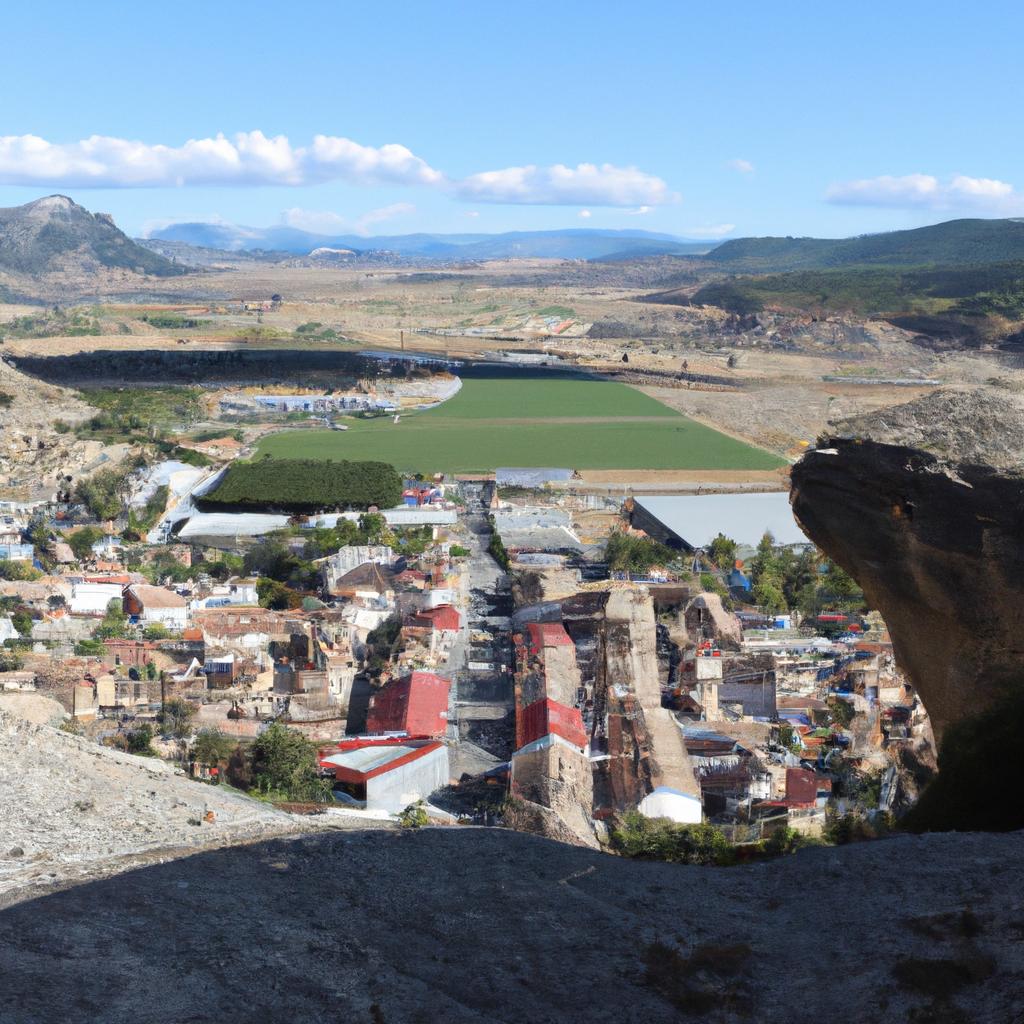 The picturesque town nestled under a massive rock