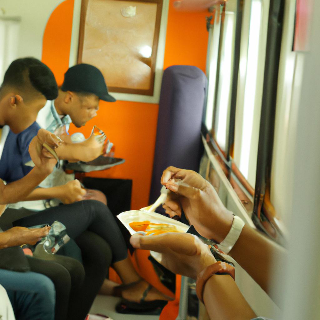 Passengers on the train in Bangkok enjoying delicious street food