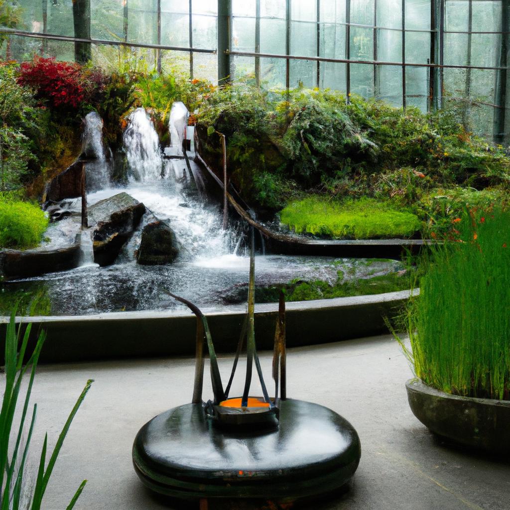 A peaceful corner of The Glass Garden Seattle with a fountain and greenery
