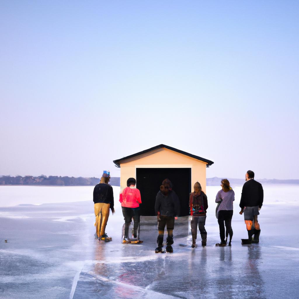 A group of people admiring an ice house with a frozen lake in the background