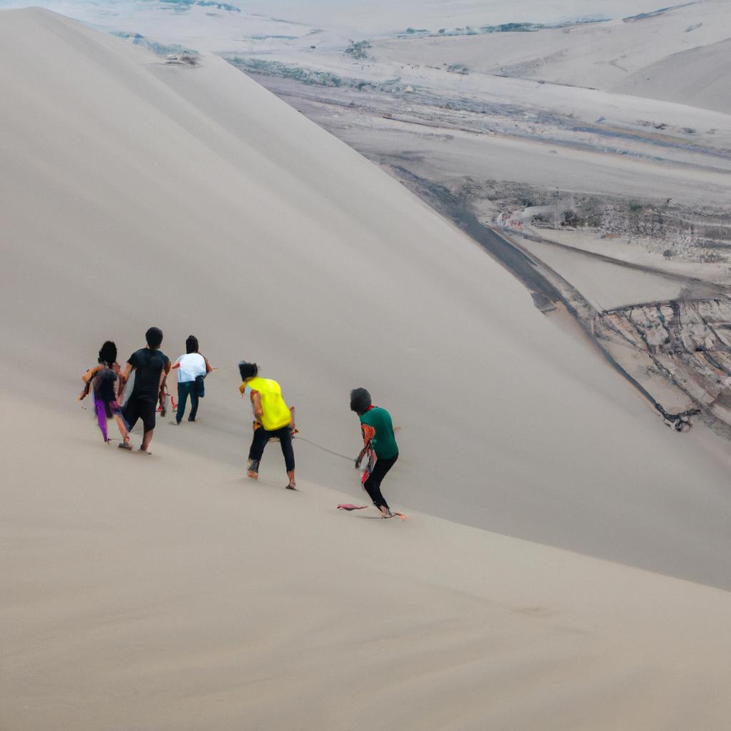 Thrill-seekers sandboarding in Peru's sand dunes