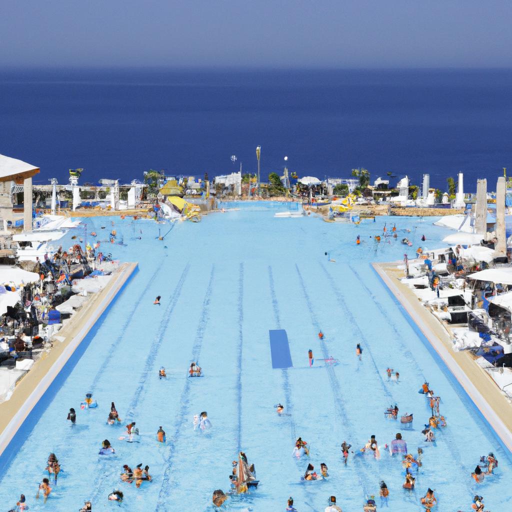 People enjoying the sun and relaxing by the world's biggest swimming pool