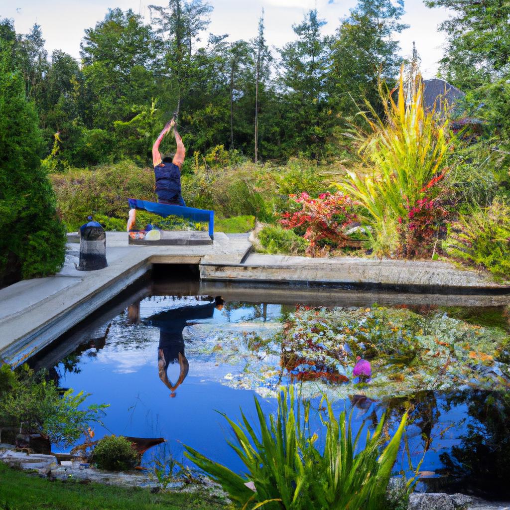 Find inner peace with yoga while enjoying the serene beauty of a garden pond