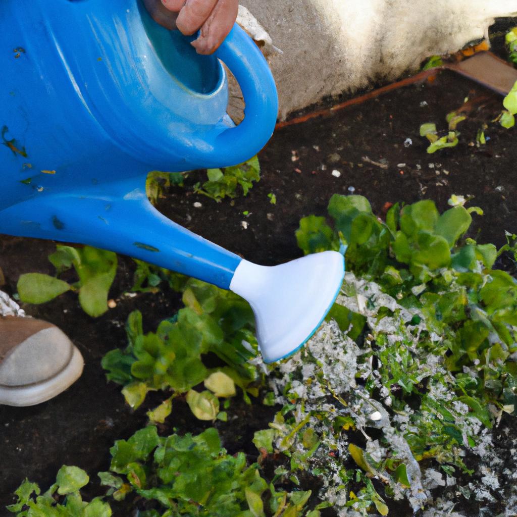 A person uses a watering can to carefully water their organic garden.