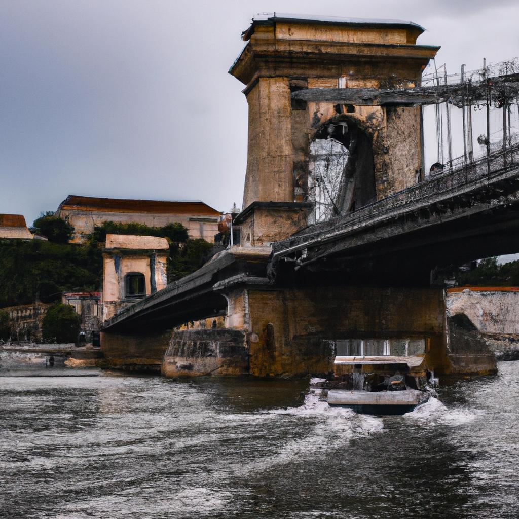 A boat passing under Szchenyi Chain Bridge on the Danube River