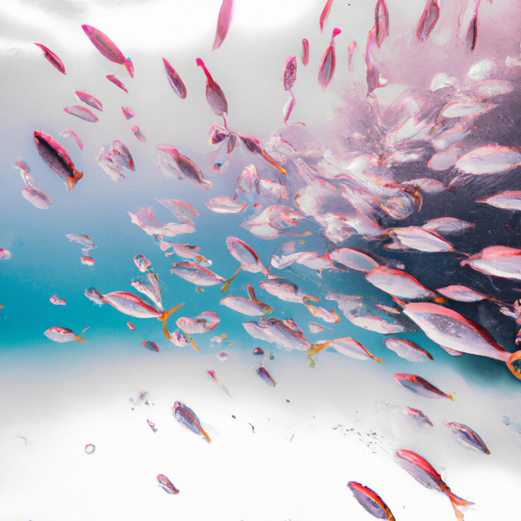 The Pink Sea is home to a diverse range of marine life, including schools of fish.