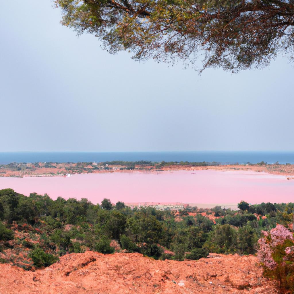 The Pink Sea's unique color contrasts beautifully with the surrounding landscape.