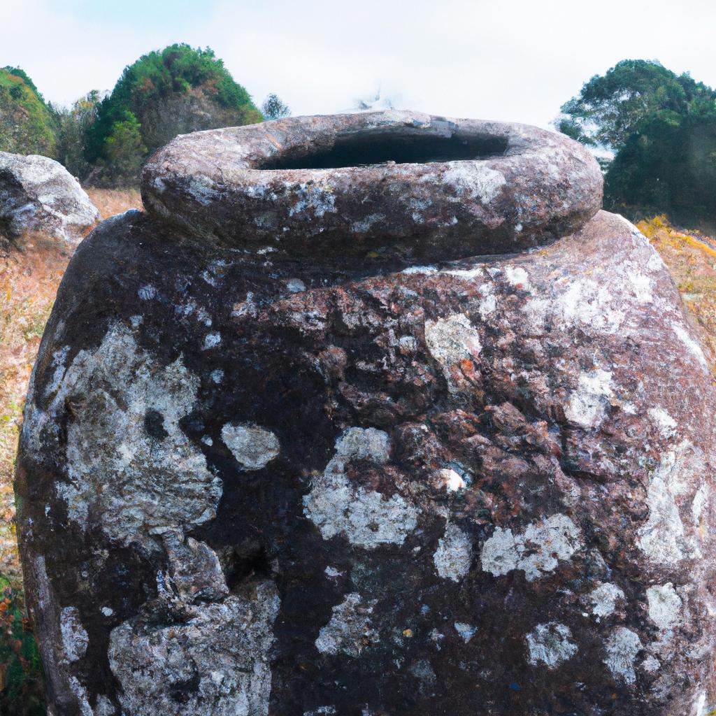 A close-up of one of the many mysterious jars found in the Plain of Jars.
