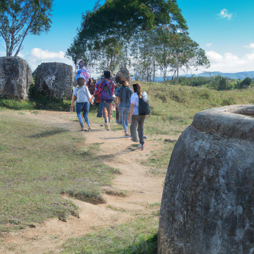 Tourists exploring the Plain of Jars, a site that remains enigmatic despite years of research.
